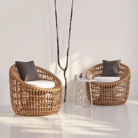Set mobilier,terasa sau gradina, 2 fotolii, masuta de cafea, cadru aluminiu, poliratan, perne maro si albe, Ema