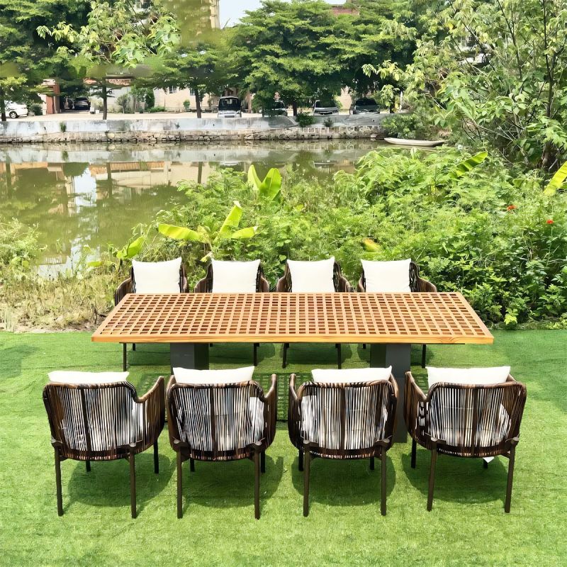 Set mobilier terasa sau gradina, masa Tec cu 8 scaune perne incluse, cadru Aluminiu si poliratan, Mora