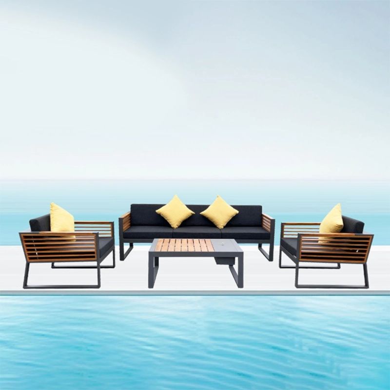 Set mobilier terasa gradina, canapea, 2 fotolii, masuta cafea, ice bucket, aluminiu si lemn, perne incluse, Kia