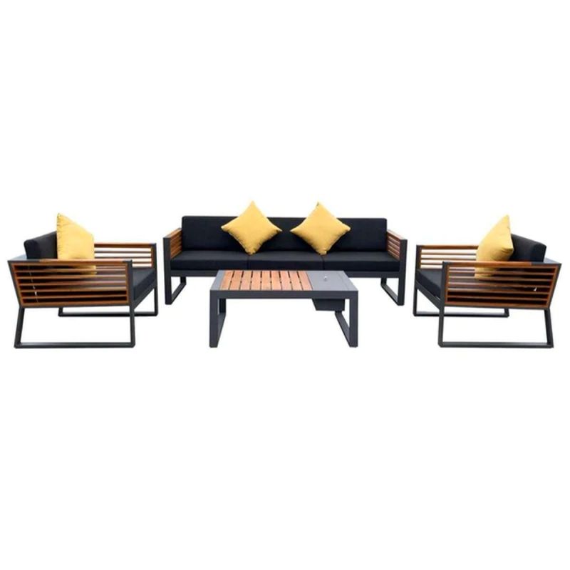 Set mobilier terasa gradina, canapea, 2 fotolii, masuta cafea, ice bucket, aluminiu si lemn, perne incluse, Kia