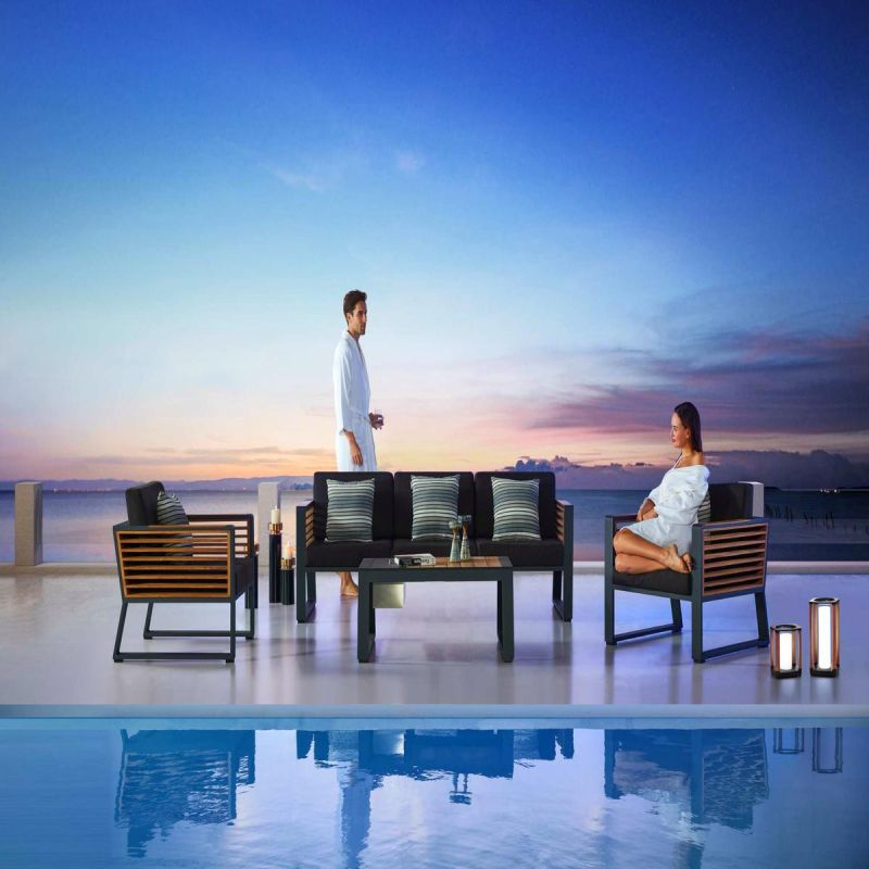 Set mobilier terasa gradina, canapea, 2 fotolii, masuta cafea, ice bucket, aluminiu si lemn, perne incluse, Kia