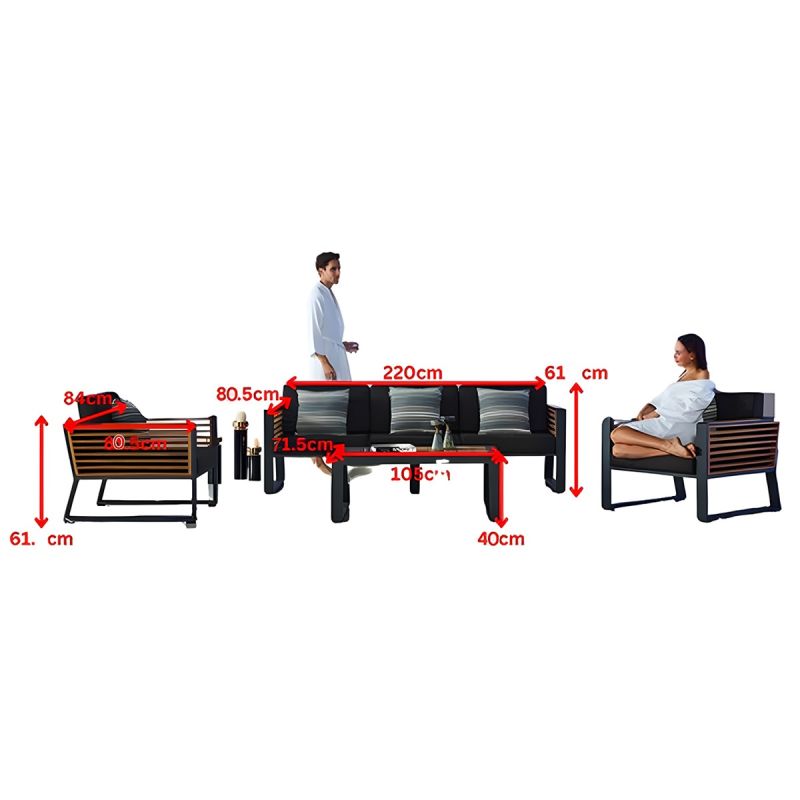 Set mobilier terasa gradina, canapea, 2 fotolii, masuta cafea, ice bucket, aluminiu si lemn, perne incluse, Kia