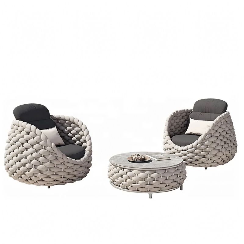 Set mobilier terasa gradina, Crem, canapea, fotolii, masuta de cafea, aluminiu, impletitura tip funie, Dylan