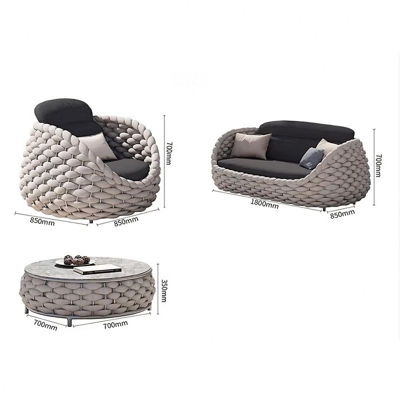 Set mobilier terasa gradina, Crem, canapea, fotolii, masuta de cafea, aluminiu, impletitura tip funie, Dylan