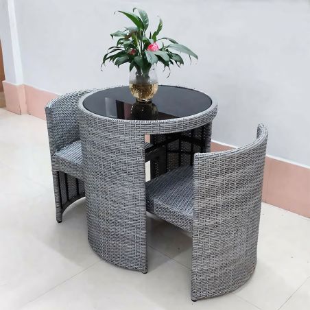 Set masa cu 2 scaune, gradina, terasa, pliabil stivuibil, poliratan, blat de sticla, diametru 65 cm, Palermo