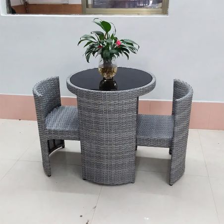 Set masa cu 2 scaune, gradina, terasa, pliabil stivuibil, poliratan, blat de sticla, diametru 65 cm, Palermo