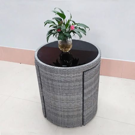 Set masa cu 2 scaune, gradina, terasa, pliabil stivuibil, poliratan, blat de sticla, diametru 65 cm, Palermo