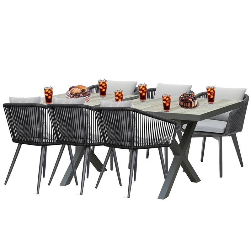 Set mobilier de 6 persoane, gradina sau terasa, aluminiu, masa extensibila cu blat de piatra, impletitura tip funie, Maldives