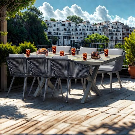 Set mobilier de 6 persoane, gradina sau terasa, aluminiu, masa extensibila cu blat de piatra, impletitura tip funie, Maldives
