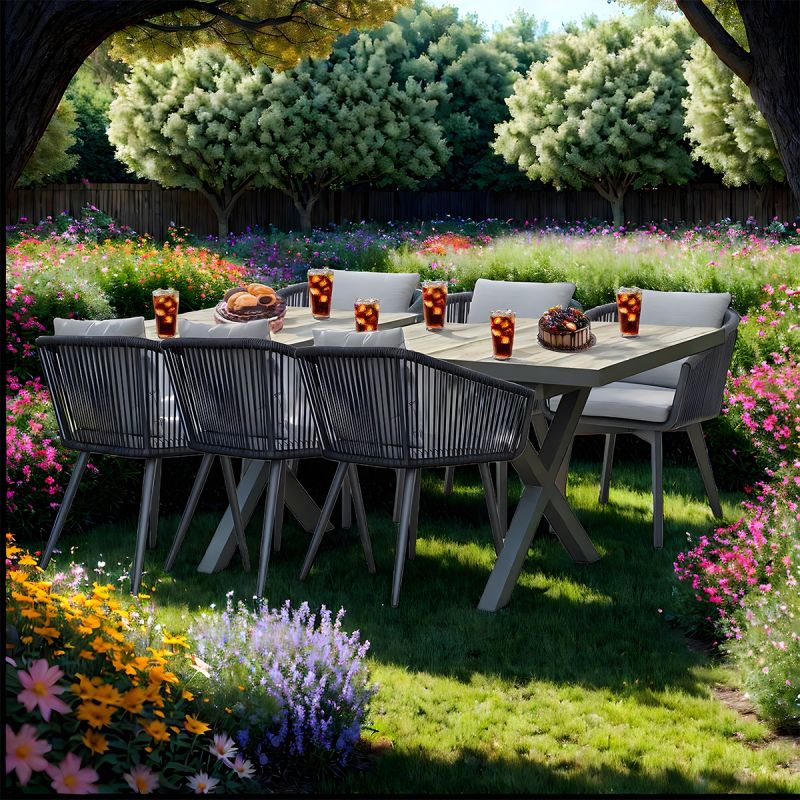 Set mobilier de 6 persoane, gradina sau terasa, aluminiu, masa extensibila cu blat de piatra, impletitura tip funie, Maldives