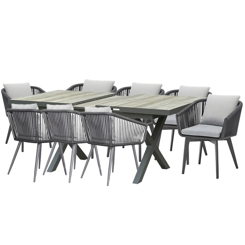 Set mobilier de 8 persoane, gradina sau terasa, aluminiu, masa extensibila cu blat de piatra, impletitura tip funie, Maldives