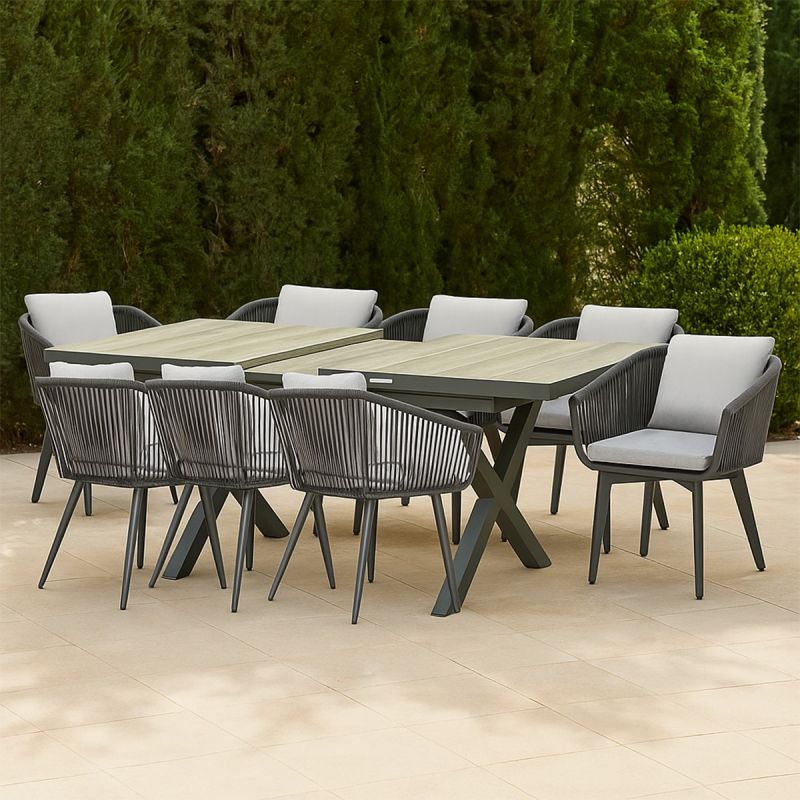 Set mobilier de 8 persoane, gradina sau terasa, aluminiu, masa extensibila cu blat de piatra, impletitura tip funie, Maldives