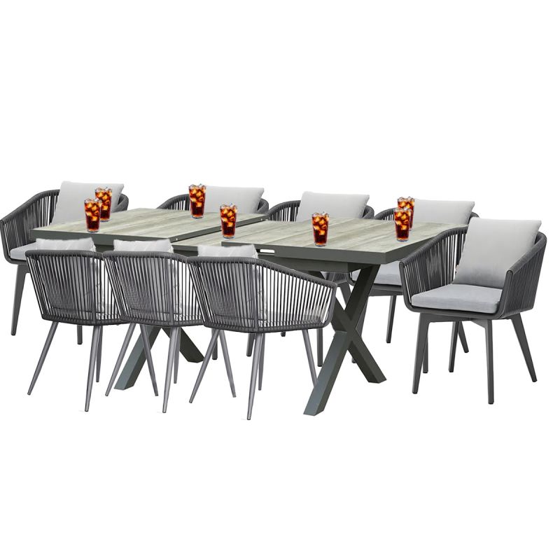 Set mobilier de 8 persoane, gradina sau terasa, aluminiu, masa extensibila cu blat de piatra, impletitura tip funie, Maldives