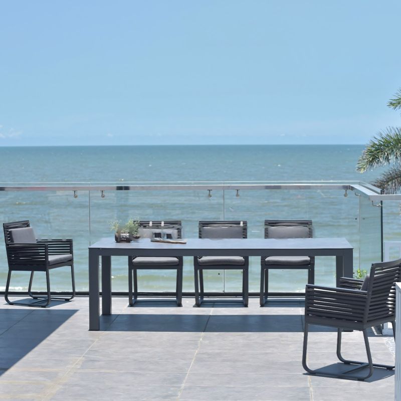 Set mobilier de 8 persoane, gradina sau terasa, masa 240x100 cm + 8 scaune, aluminiu, impletitura tip funie, Capri