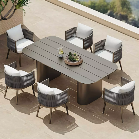 Set mobilier de 8 persoane, terasa sau gradina, aluminiu, masa robusta 214x100 cm + 8 scaune cu impletitura tip funie, Nova Luxe