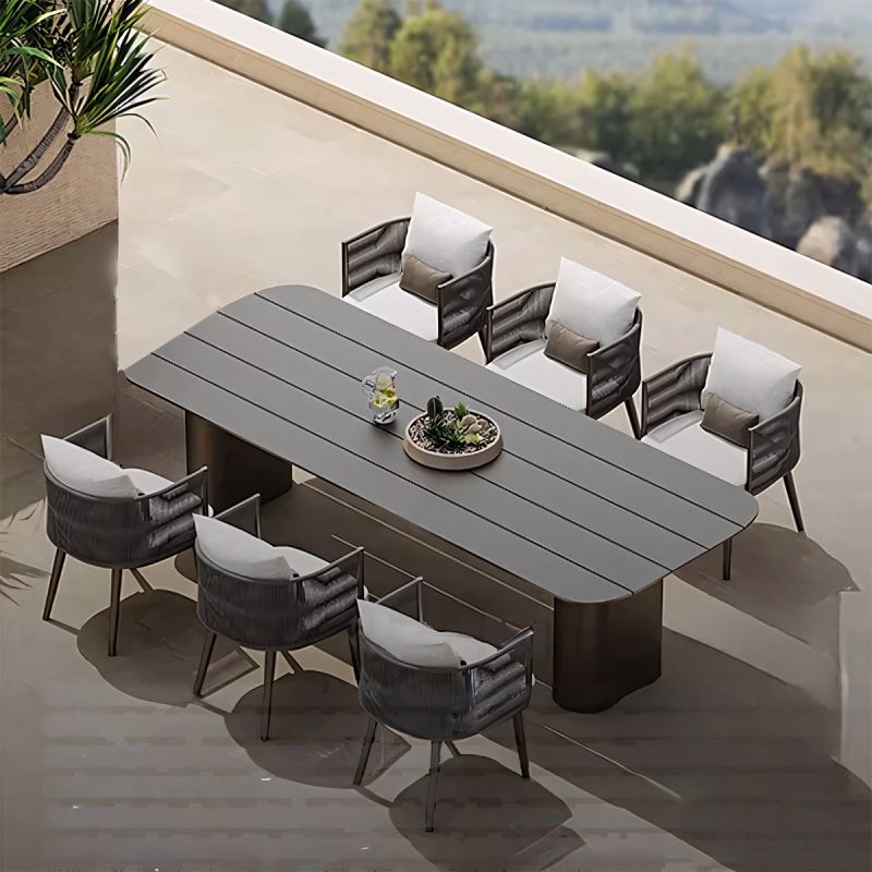 Set mobilier de 6 persoane, terasa sau gradina, aluminiu, masa robusta 214x100 cm + 6 scaune cu impletitura tip funie, Nova Luxe