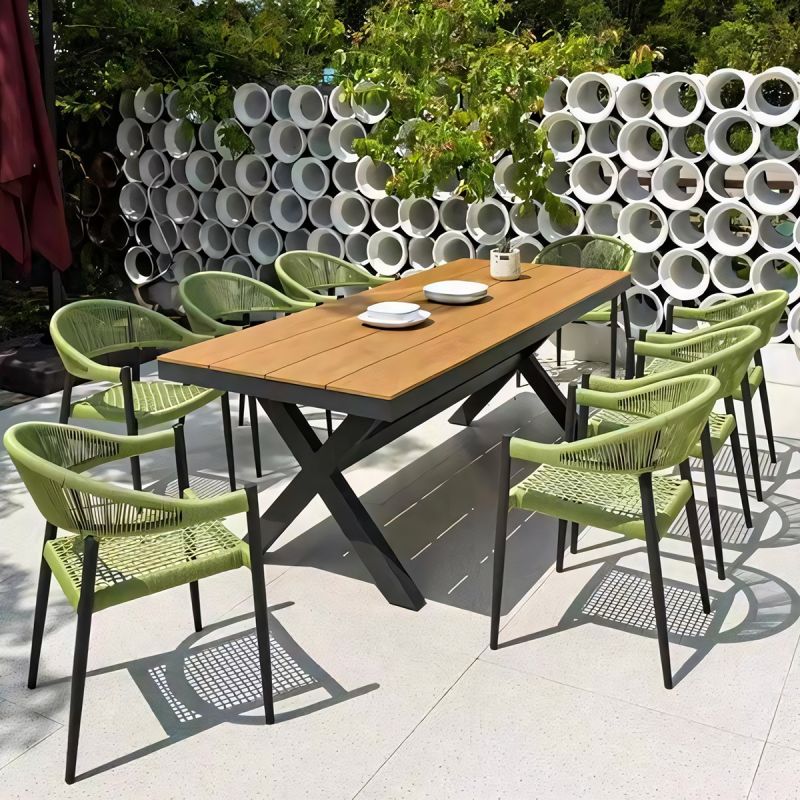 Set mobilier de 8 persoane, gradina sau terasa, aluminiu dark grey, masa 200 cm + 8 scaune cu impletitura tip funie verde, Zen