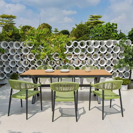 Set mobilier de 8 persoane, gradina sau terasa, aluminiu dark grey, masa 200 cm + 8 scaune cu impletitura tip funie verde, Zen