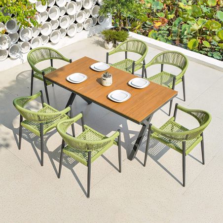 Set mobilier de 6 persoane, gradina sau terasa, aluminiu dark grey, masa 200 cm + 6 scaune cu impletitura tip funie verde, Zen