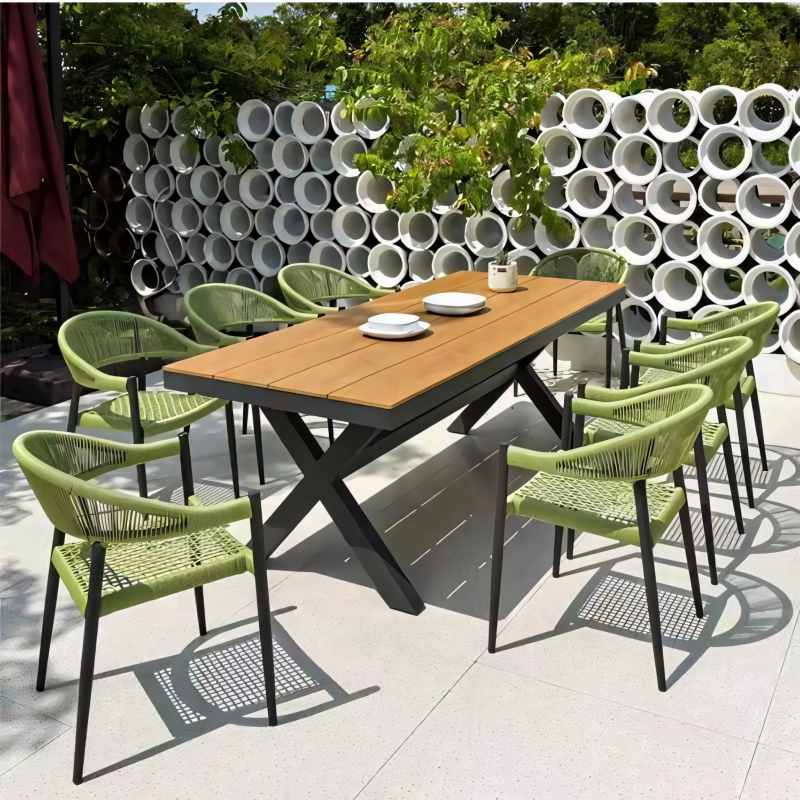 Set mobilier de 6 persoane, gradina sau terasa, aluminiu dark grey, masa 200 cm + 6 scaune cu impletitura tip funie verde, Zen