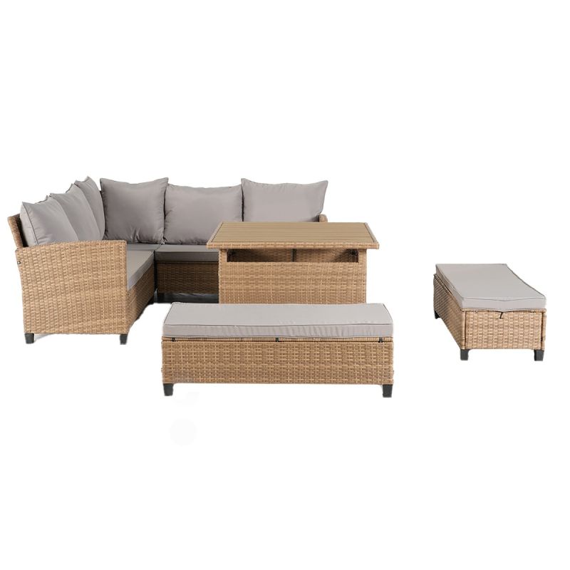 Set mobilier terasa sau gradina, canapea, 2 bancute si masa patrata, poliratan, Santorini