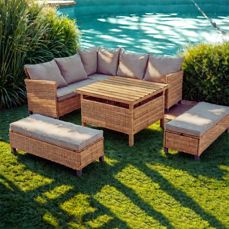 Set mobilier terasa sau gradina, canapea, 2 bancute si masa patrata, poliratan, Santorini