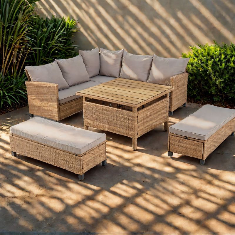 Set mobilier terasa sau gradina, canapea, 2 bancute si masa patrata, poliratan, Santorini