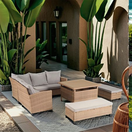 Set mobilier terasa sau gradina, canapea, 2 bancute si masa patrata, poliratan, Santorini
