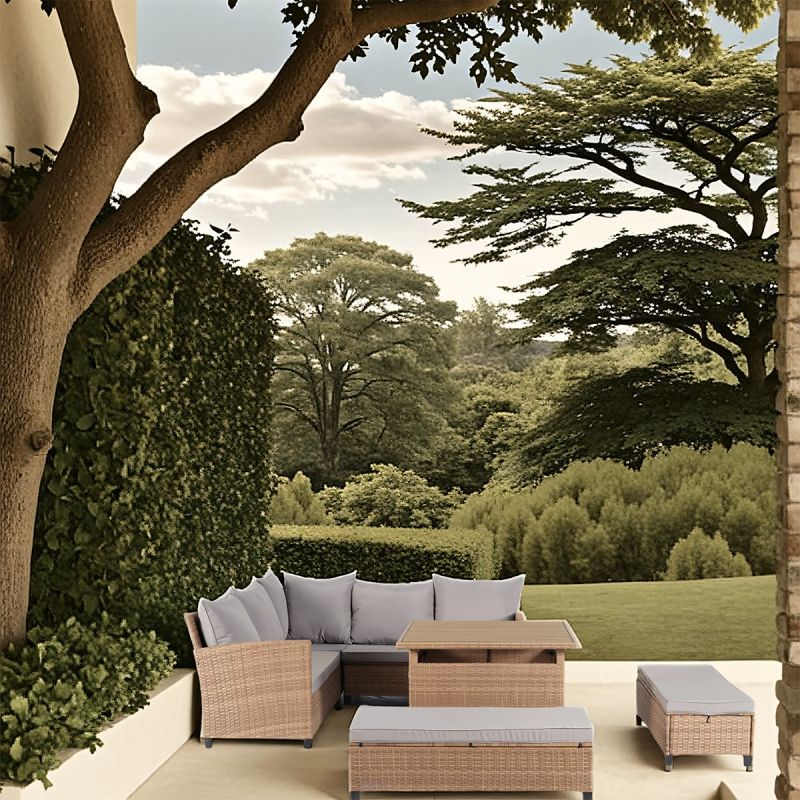 Set mobilier terasa sau gradina, canapea, 2 bancute si masa patrata, poliratan, Santorini