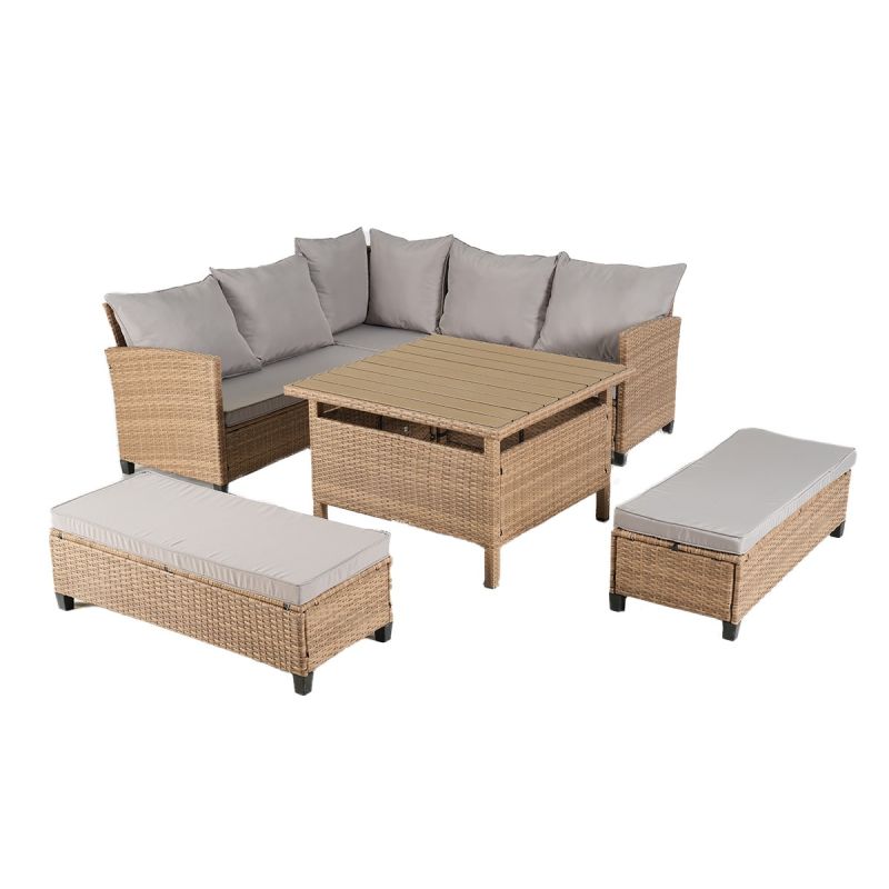 Set mobilier terasa sau gradina, canapea, 2 bancute si masa patrata, poliratan, Santorini