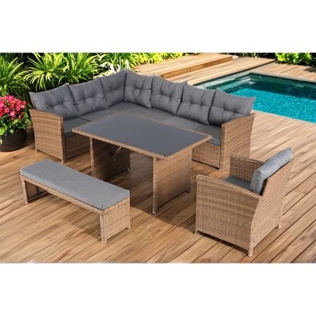 Set mobilier, terasa sau gradina, canapea, fotoliu, banca + masa cu blat de sticla, perne incluse, poliratan, Bali