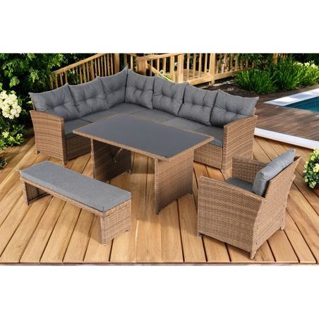Set mobilier, terasa sau gradina, canapea, fotoliu, banca + masa cu blat de sticla, perne incluse, poliratan, Bali