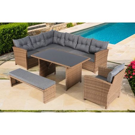 Set mobilier, terasa sau gradina, canapea, fotoliu, banca + masa cu blat de sticla, perne incluse, poliratan, Bali