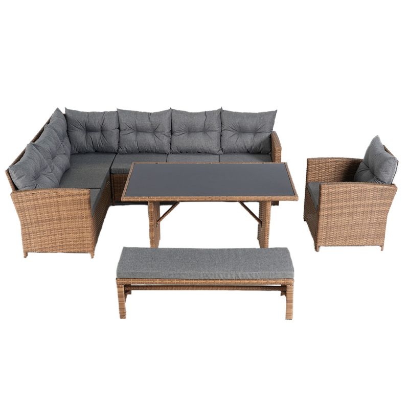 Set mobilier, terasa sau gradina, canapea, fotoliu, banca + masa cu blat de sticla, perne incluse, poliratan, Bali