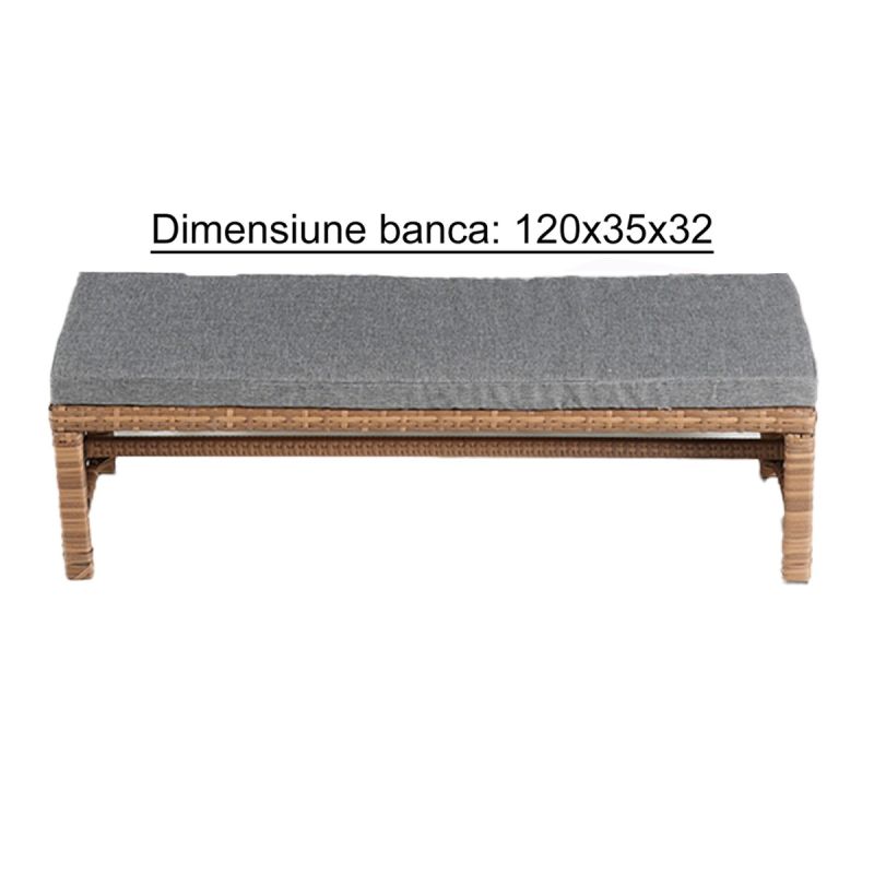 Set mobilier, terasa sau gradina, canapea, fotoliu, banca + masa cu blat de sticla, perne incluse, poliratan, Bali