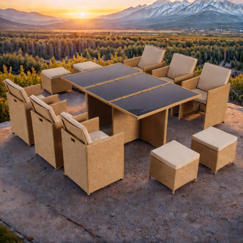 Set mobilier terasa gradina, Cub pliabil, masa cu blat de sticla, 6 scaune cu spatar rabatabil, 4 tabureti, Mauritius