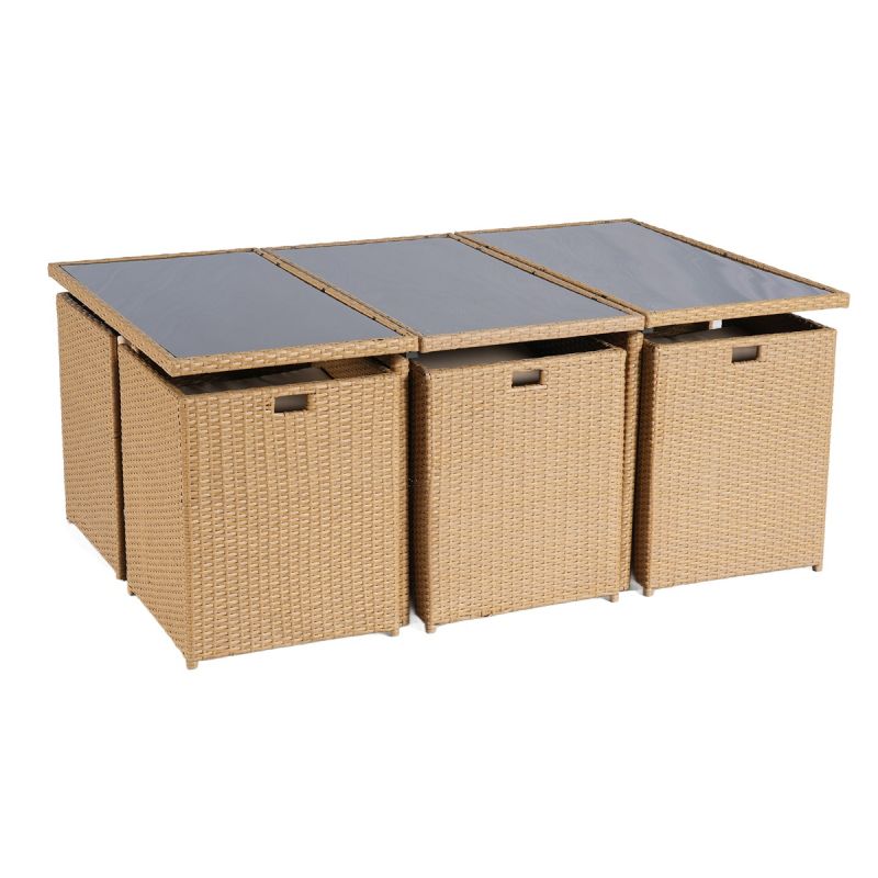 Set mobilier terasa gradina, Cub pliabil, masa cu blat de sticla, 6 scaune cu spatar rabatabil, 4 tabureti, Mauritius