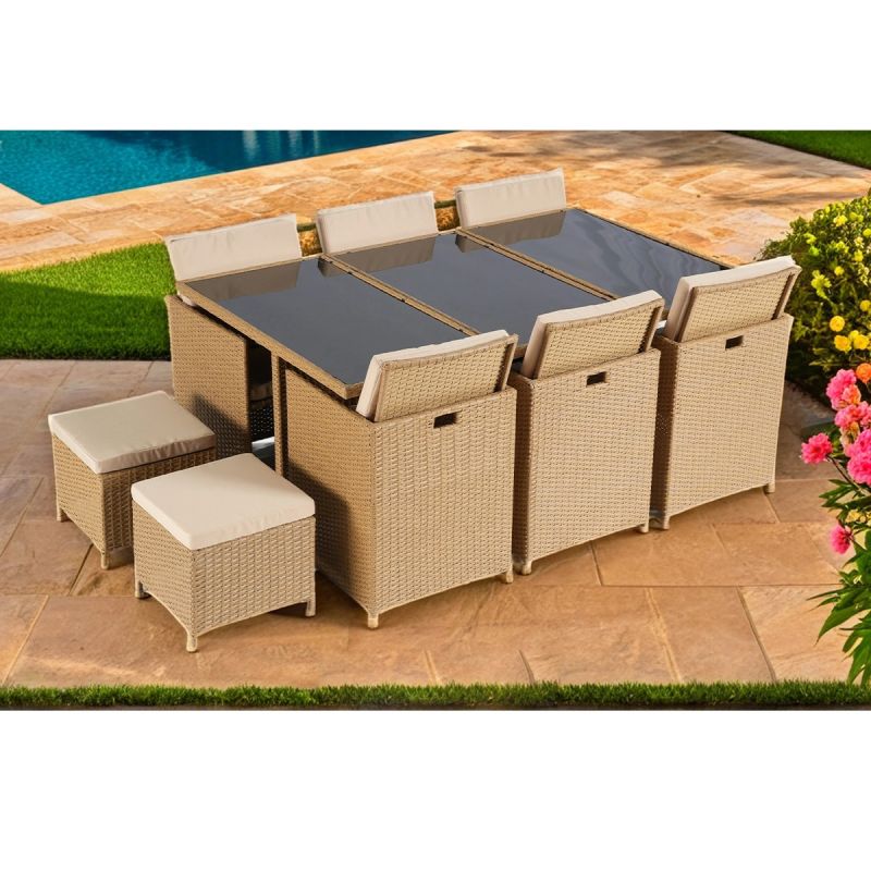 Set mobilier terasa gradina, Cub pliabil, masa cu blat de sticla, 6 scaune cu spatar rabatabil, 4 tabureti, Mauritius