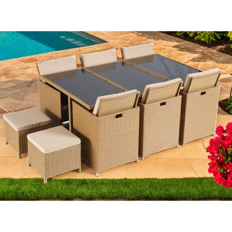 Set mobilier terasa gradina, Cub pliabil, masa cu blat de sticla, 6 scaune cu spatar rabatabil, 4 tabureti, Mauritius