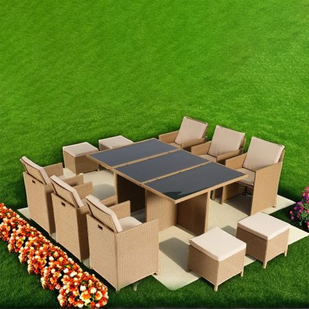 Set mobilier terasa gradina, Cub pliabil, masa cu blat de sticla, 6 scaune cu spatar rabatabil, 4 tabureti, Mauritius