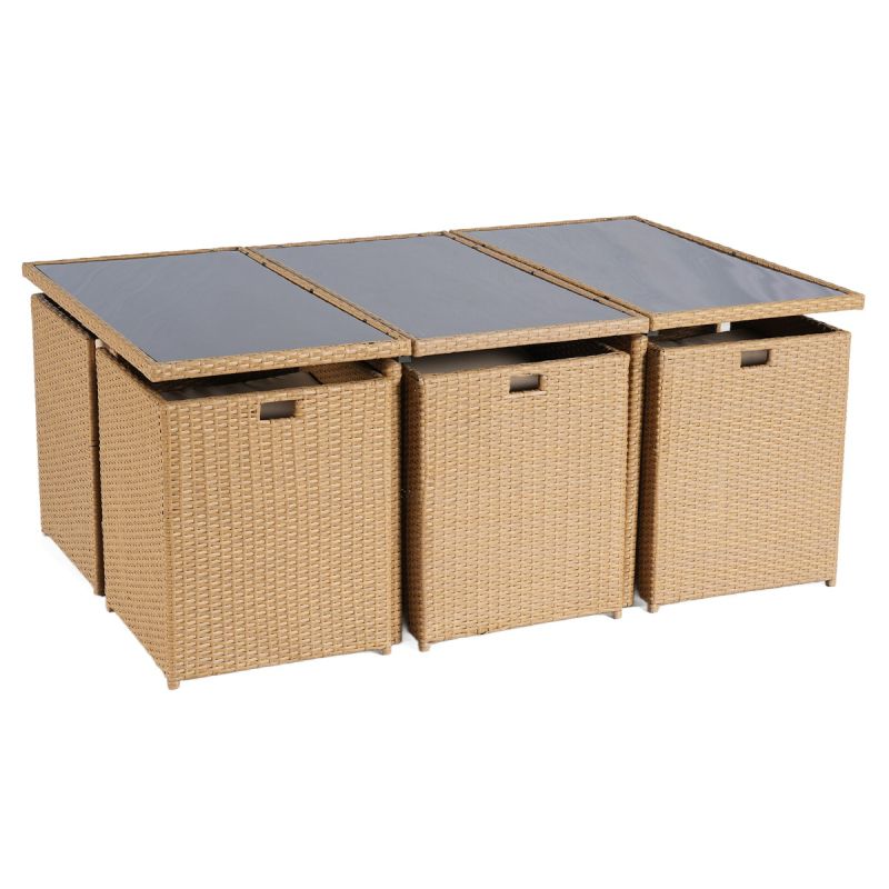 Set mobilier terasa gradina, Cub pliabil, masa cu blat de sticla, 6 scaune cu spatar rabatabil, 4 tabureti, Mauritius