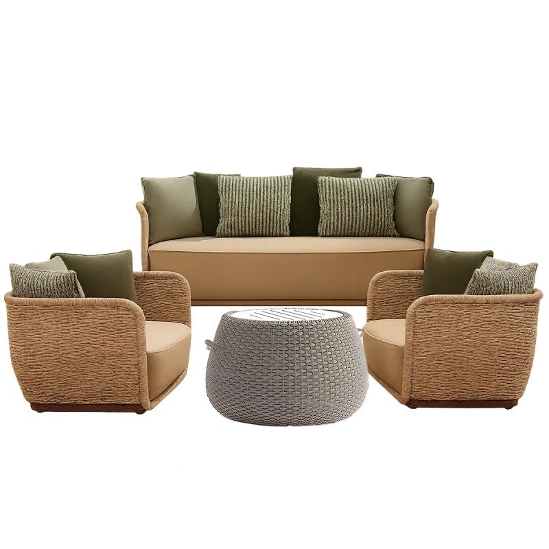 Set mobilier terasa gradina, fotolii, canapea 2 locuri, masa, aluminiu, impletitura funie, sezut crem, perne verzi masliniu,NIKO