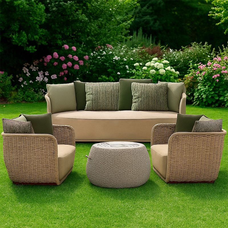 Set mobilier terasa gradina, fotolii, canapea 2 locuri, masa, aluminiu, impletitura funie, sezut crem, perne verzi masliniu,NIKO