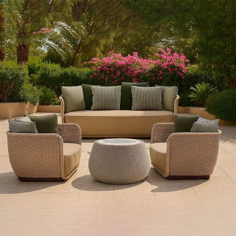 Set mobilier terasa gradina, fotolii, canapea 2 locuri, masa, aluminiu, impletitura funie, sezut crem, perne verzi masliniu,NIKO