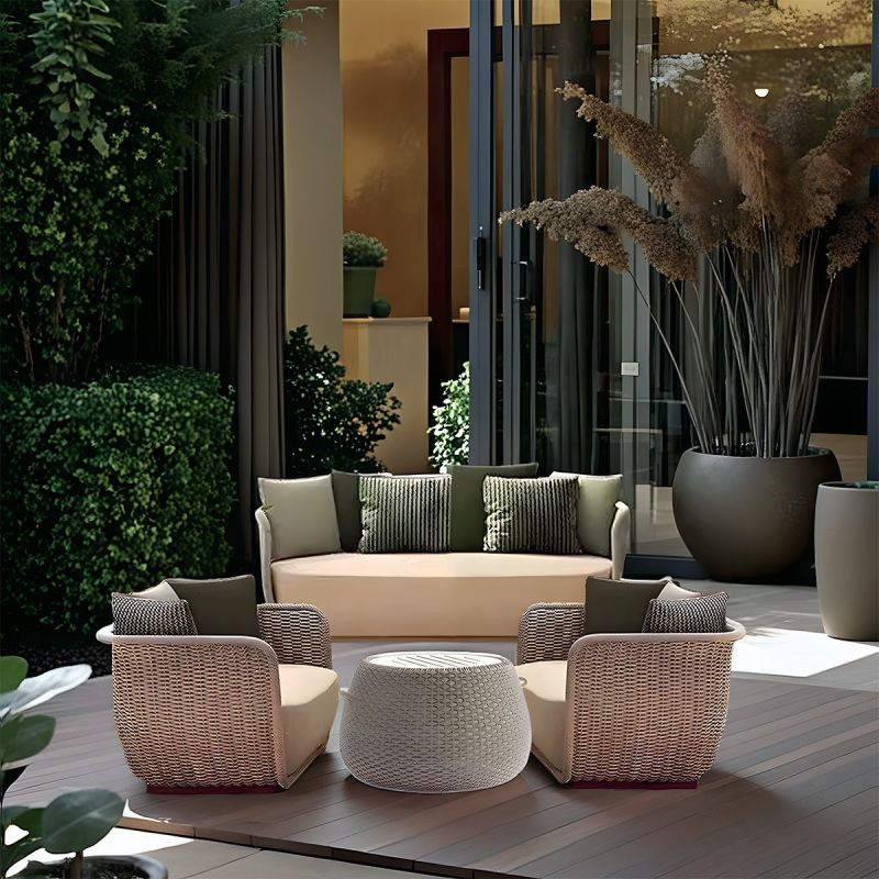 Set mobilier terasa gradina, fotolii, canapea 2 locuri, masa, aluminiu, impletitura funie, sezut crem, perne verzi masliniu,NIKO