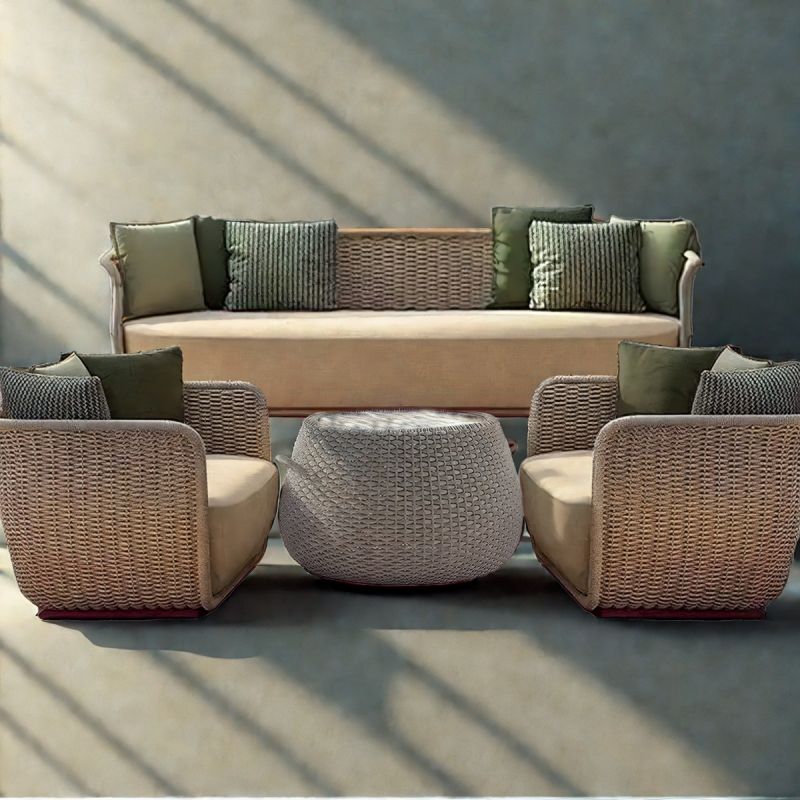 Set mobilier terasa gradina, fotolii, canapea 2 locuri, masa, aluminiu, impletitura funie, sezut crem, perne verzi masliniu,NIKO