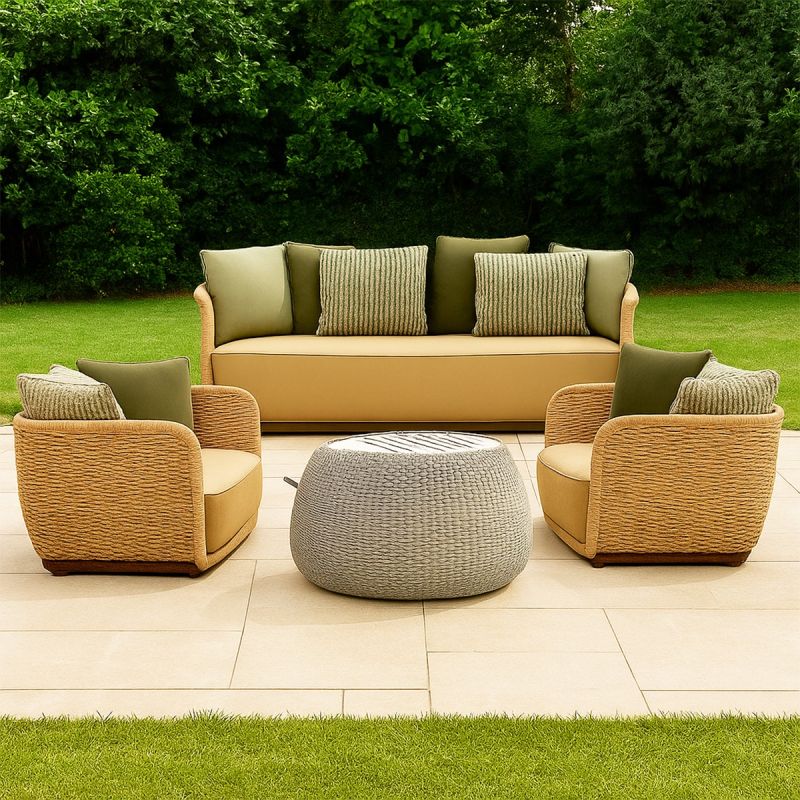 Set mobilier terasa gradina, fotolii, canapea 2 locuri, masa, aluminiu, impletitura funie, sezut crem, perne verzi masliniu,NIKO