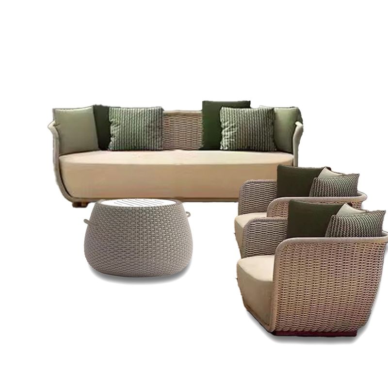 Set mobilier terasa gradina, fotolii, canapea 2 locuri, masa, aluminiu, impletitura funie, sezut crem, perne verzi masliniu,NIKO