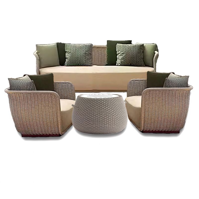 Set mobilier terasa gradina, fotolii, canapea 2 locuri, masa, aluminiu, impletitura funie, sezut crem, perne verzi masliniu,NIKO