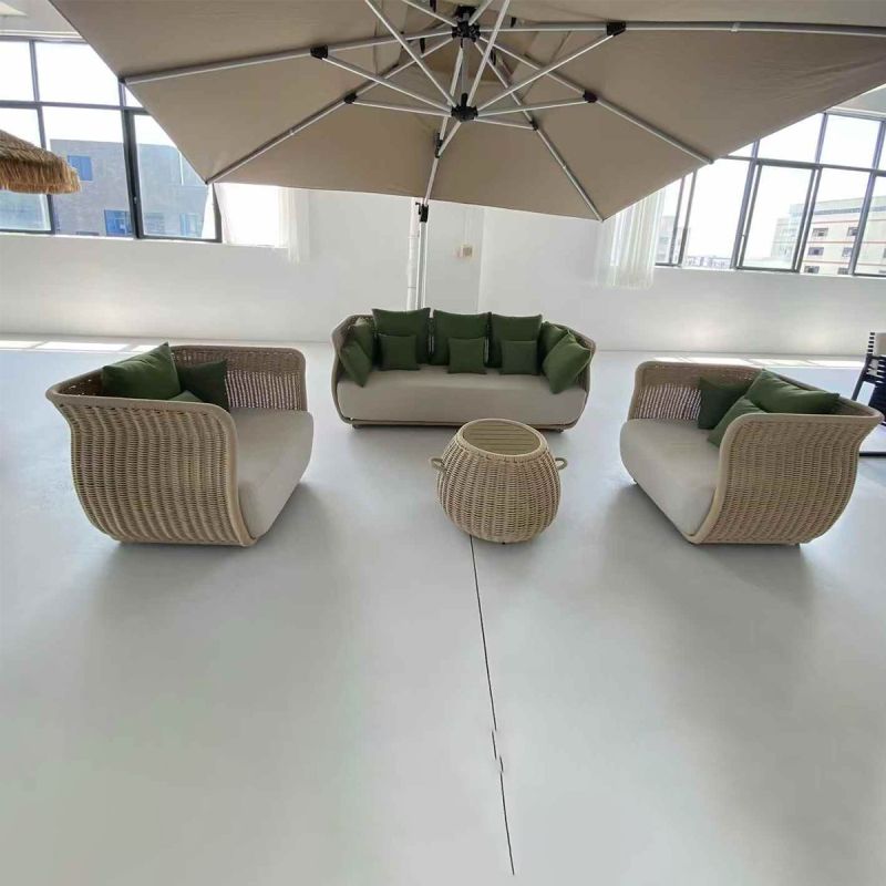 Set mobilier terasa gradina, fotolii, canapea 2 locuri, masa, aluminiu, impletitura funie, sezut crem, perne verzi masliniu,NIKO